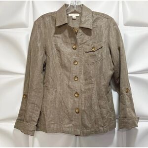 Coldwater Creek Women Sz 10 Brown Tan Shimmer Herringbone Linen Utility m Jacket